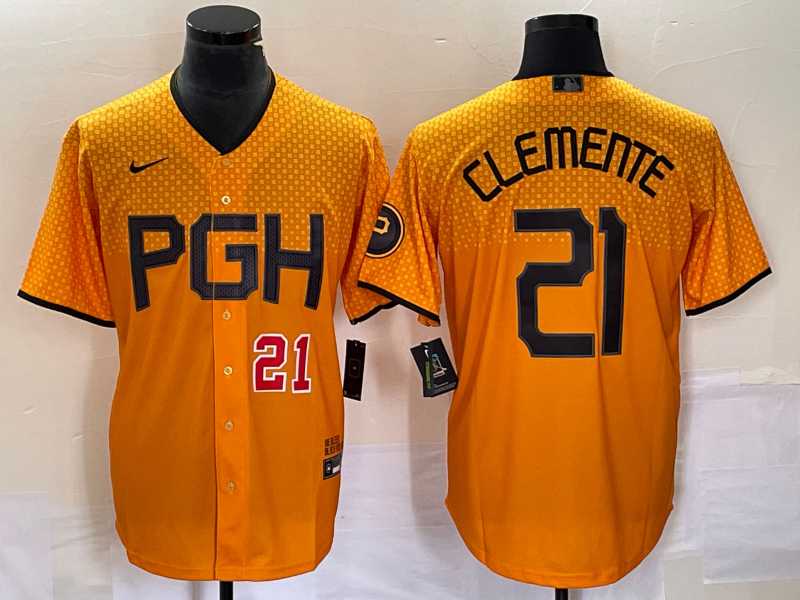 Men%27s Pittsburgh Pirates #21 Roberto Clemente Number Gold 2023 City Connect Stitched Jersey->pittsburgh pirates->MLB Jersey